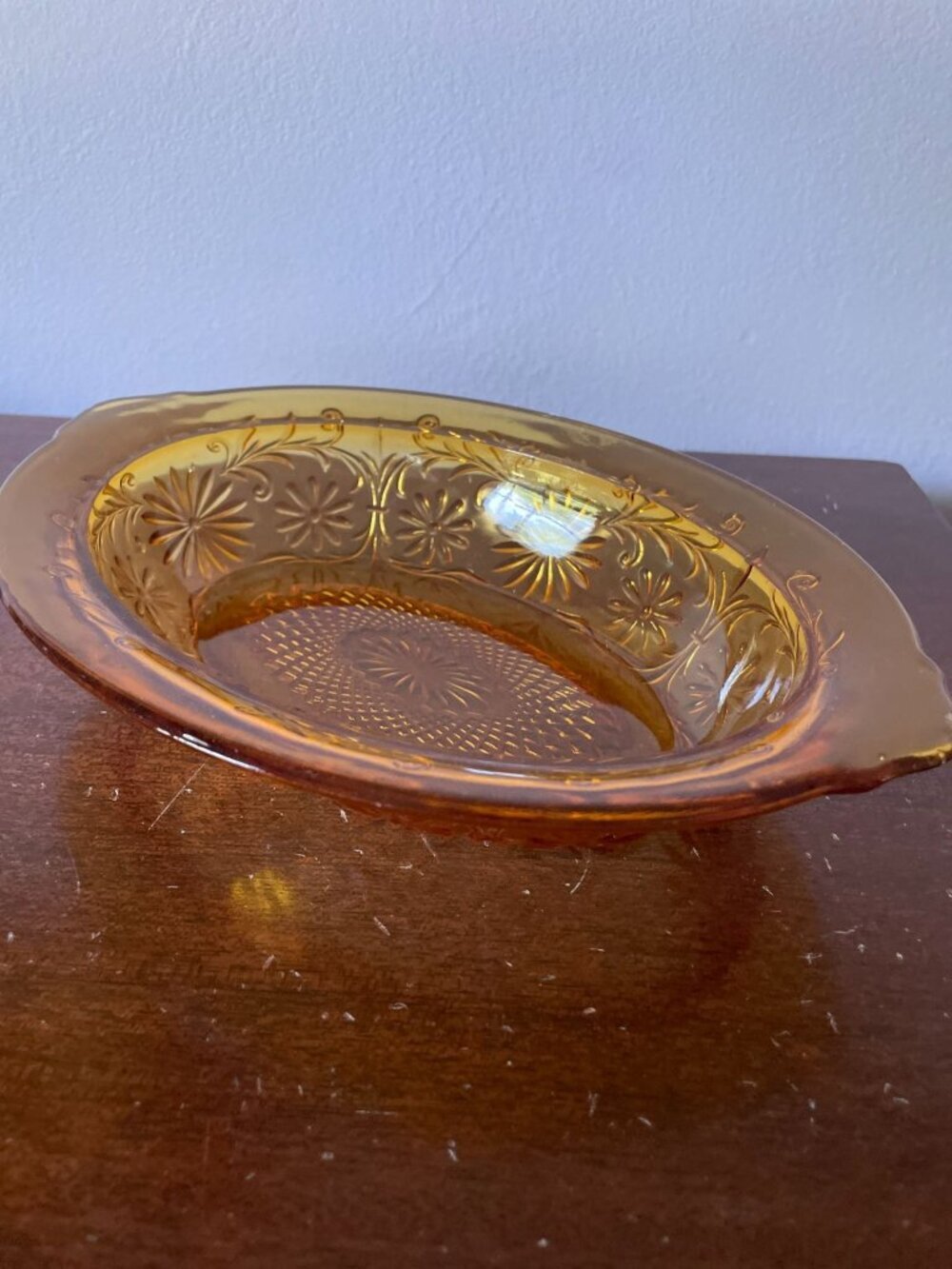 Vintage Indiana Glass Amber Daisy Oval Bowl MCM Retro